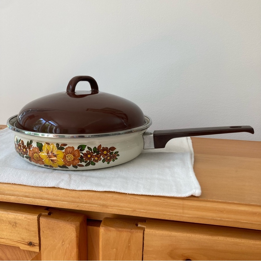 Floral Brown and Ceramic Saucepan with Lid Vintage Original Cookware Grandmother